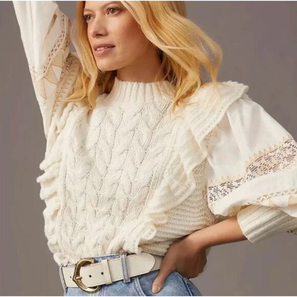 ANTHROPOLOGIE Cable Knit Ruffle Lace Puff Sleeve Sweater Ivory Sz XS $138 {3U50}